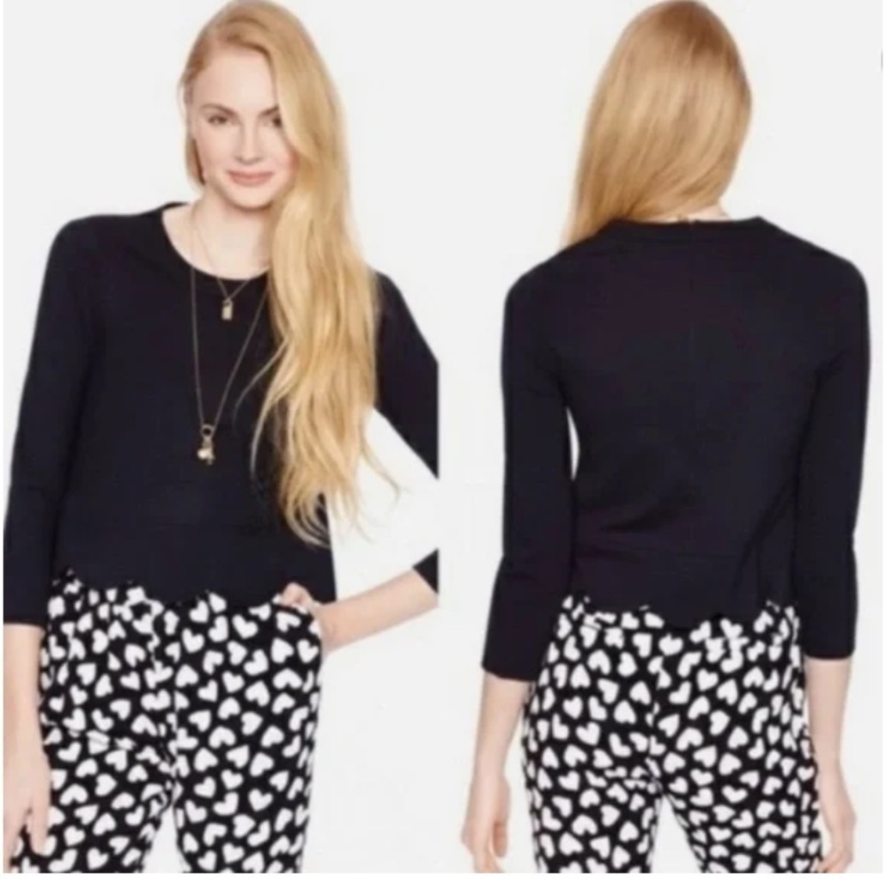 Kate Spade Ponte Scallop Hem 3/4 Sleeve Crew Neck Top Black Blouse Size 0